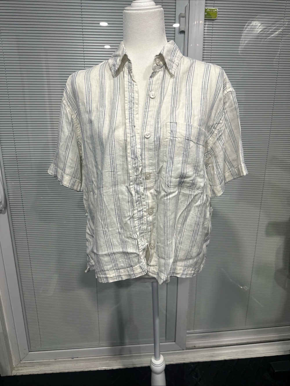 American Eagle Outfitters White Button-Up Shirt with Blue Stripes